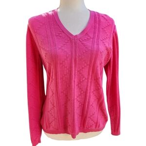 Liz Golf by Liz Claiborne Pink Cotton V-Neck Sweater Large Textured Knit